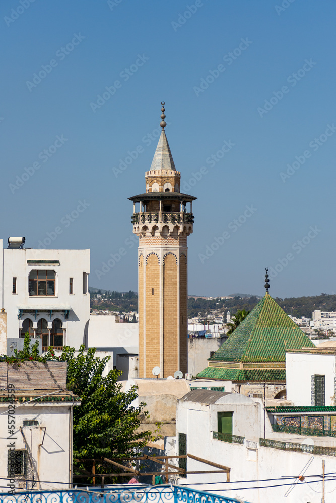 Panoramic top view of the Ez-Zitouna Mosque in the old city of Tunis. Famous Islamic landmark in Tunisia.  