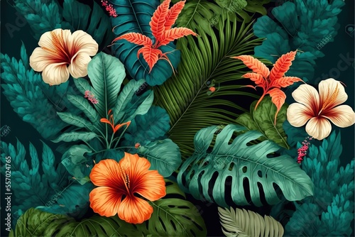 a tropical background with flowers and leaves on a dark background with a green leafy pattern and a red flower.