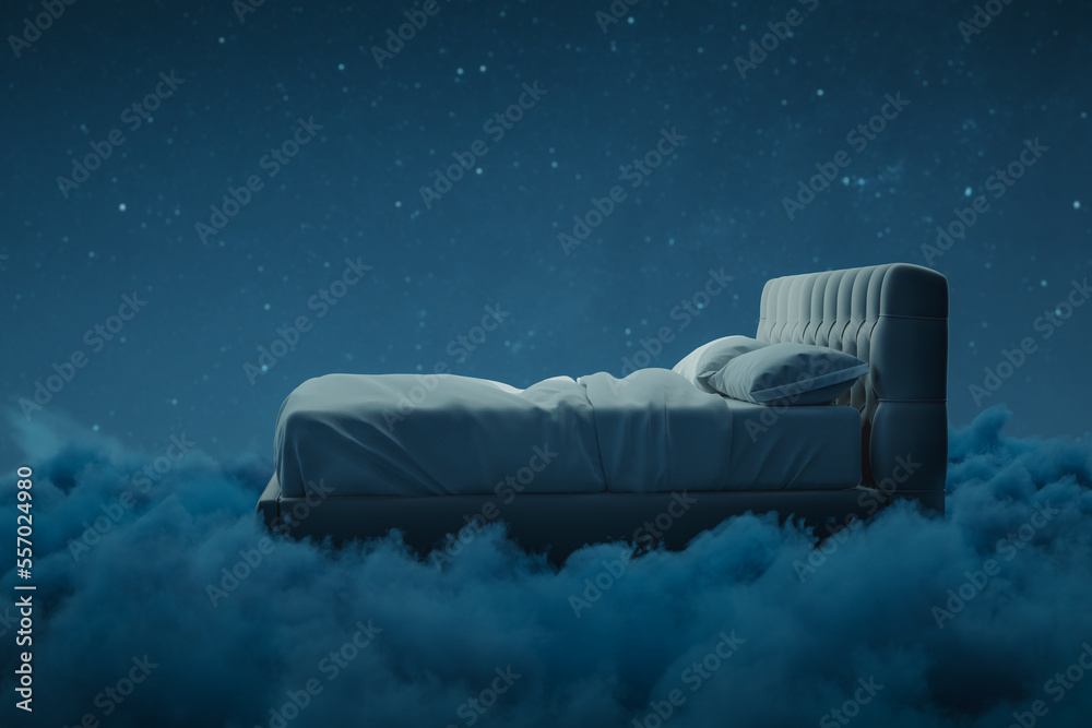 Cosy bed over fluffy clouds at night. 3D Rendering - obrazy, fototapety, plakaty 