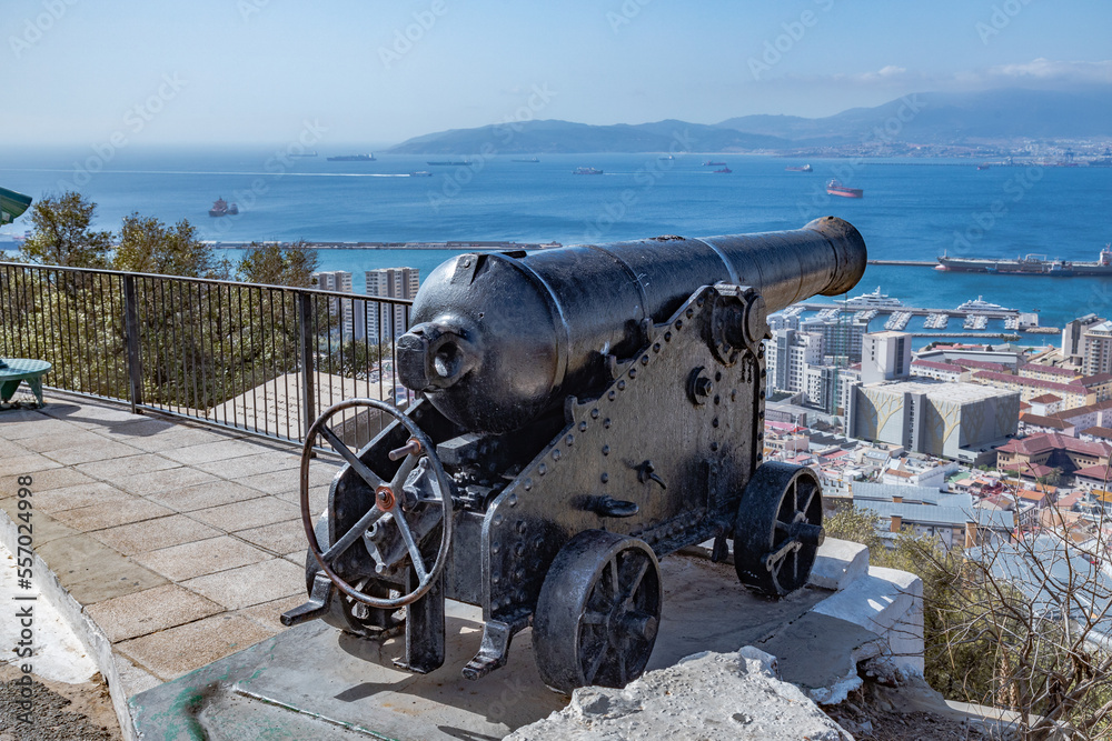 Military Heritage Centre of Gibraltar. Old historical cannon battery at the top of The Rock of Gibraltar. No people, beautiful sunshine, amazing blue sky above. UK                        