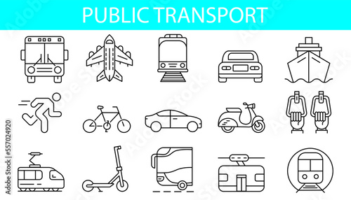 Public transport icons set. Editable stroke
