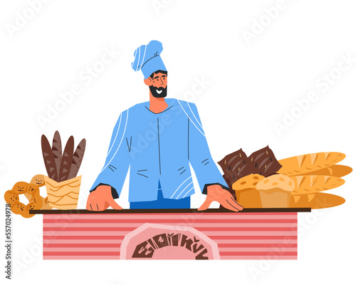 Baker behind the counter of a bakery shop or pastry, flat vector illustration isolated on white. Baking and selling bread.