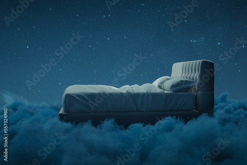 Cosy bed over fluffy clouds at night. 3D Rendering photo