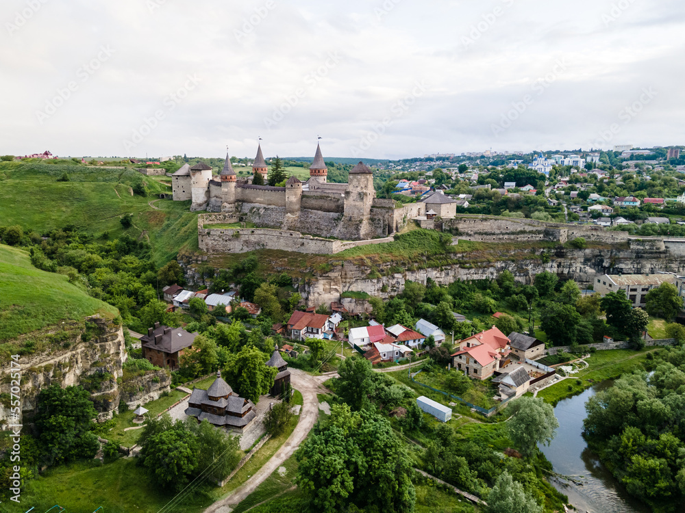 Aerial view from drone over of the Kamianets-Podilskyi Castle, former Ruthenian-Lithuanian castle and a later three-part Polish fortress located in the historic city of Kamianets-Podilskyi, Ukraine
