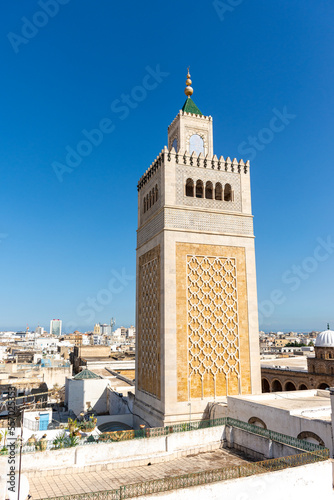 Panoramic top view of the Ez-Zitouna Mosque in the old city of Tunis. Famous Islamic landmark in Tunisia.  