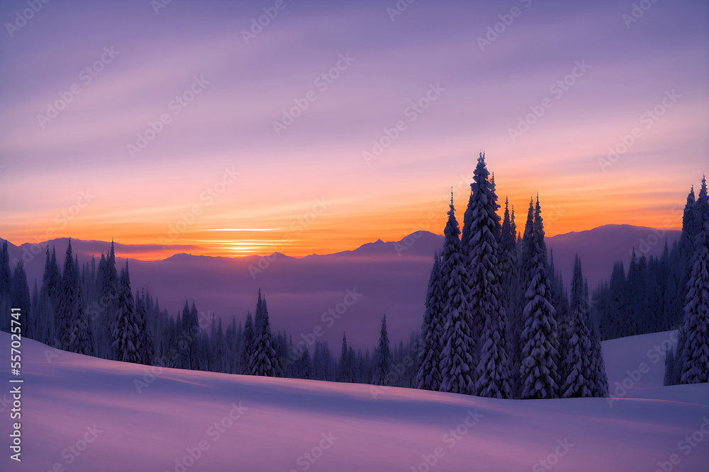 Winter sunset or sunrise beautiful forest landscape. Mountain evening with snow trees. Generative AI