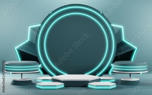 3D render of Podium background in blue tones for displaying cream products. cosmetics