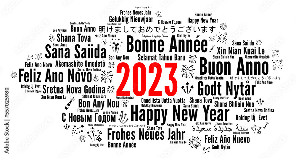 Happy New Year 2023 word cloud in different languages 