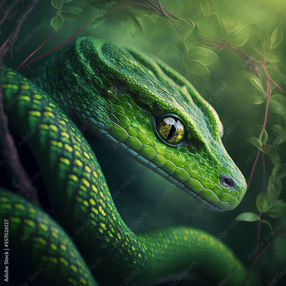 Fototapeta premium Portrait of a green snake. Valentine's day concept. Generative AI.