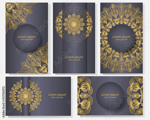 Set of grey backgrounds with a golden mandala. A luxurious ethnic pattern in invitation, card, package design.