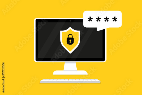 Shield with lock on computer. Padlock login password. Concept data protection on computer. Personal data security. Protect confidential data computer. Vector illustration