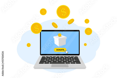 Donate online concept. Falling coins into donation box on a laptop pc display. Charity fundraising concept. Charity project, donation service, fundraising program. Vector illustration