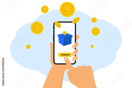 Donate online concept. Hand holding mobile smart phone with donation box on a display. Falling coins into donation box on a phone display. Charity fundraising concept. Vector illustration photo