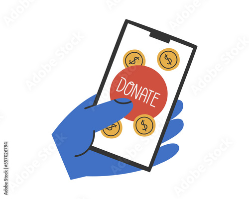 Hand drawn cute illustration of hand with phone and donate button. Flat vector online giving money to charity in simple colored doodle style. Philanthropy, volunteer sticker, icon or print. Isolated.
