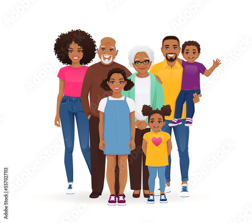 Big happy African American family with grandparents and children vector illustration isolated. Mother, father, daughter, son, grandfather, grandmother standing together.