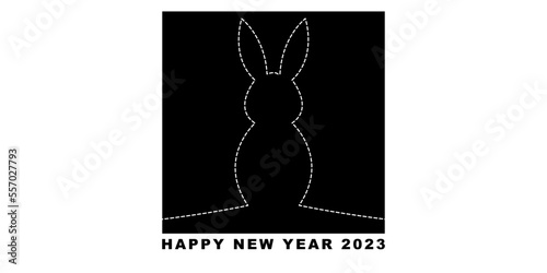 Happy New Year 2023 vector with a dashed outline of a Rabbit on a black square background