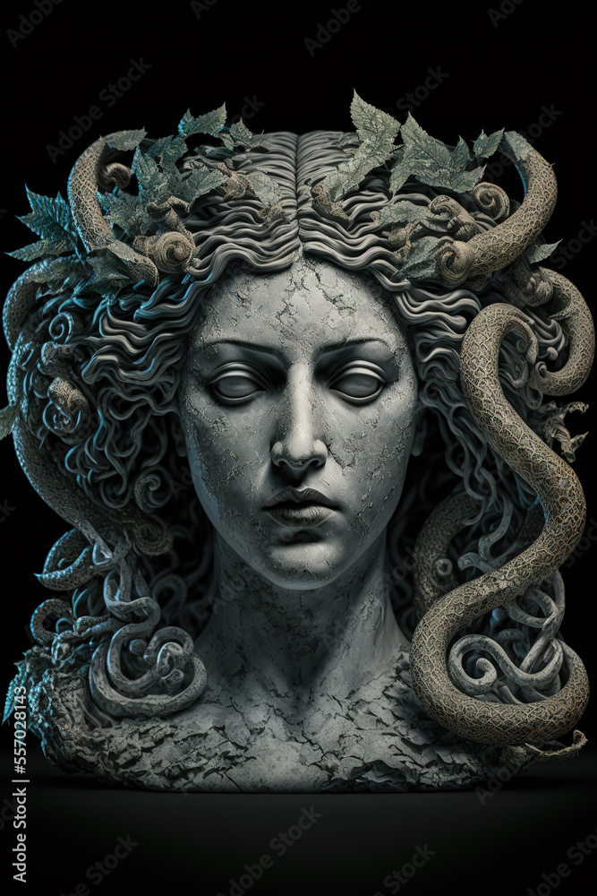 medusa gorgon, dark fantasy, statue, art illustration