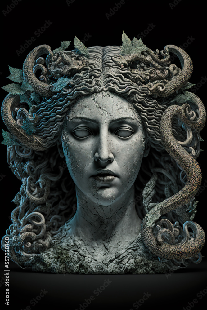 medusa gorgon, dark fantasy, statue, art illustration