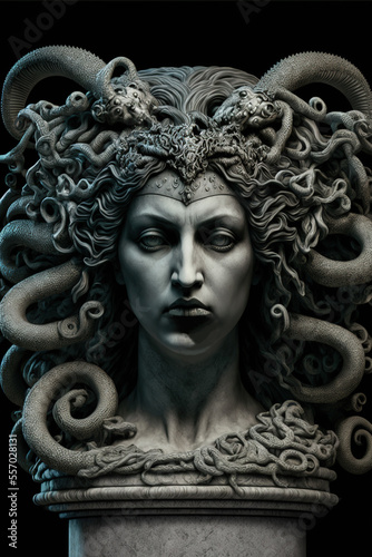 medusa gorgon, dark fantasy, statue, art illustration