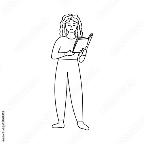 Standing woman reading book in her hand front view doodle illustration in vector. Adult girl standing and reading book hand drawn icon in vector.