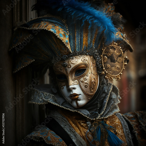 Person with a typical mask of the Venetian carnival. Venice carnival concept. Generative AI.