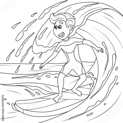 The boy is surfing. Coloring book for children. Vector illustration