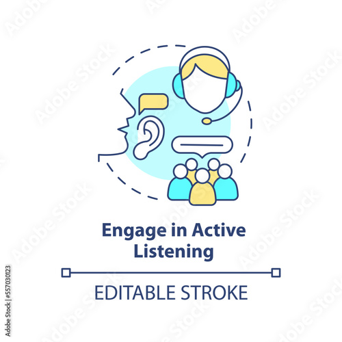 Engage in active listening concept icon. Call center customer service agent technique abstract idea thin line illustration. Isolated outline drawing. Editable stroke. Arial, Myriad Pro-Bold fonts used