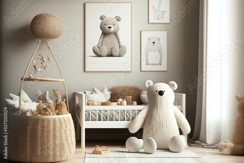 Stylish composition of a warm scandinavian children's room interior with a bed, mock up poster frame, rattan basket, soft toys, and other accessories. Carpet on the floor and a creative wall. area for