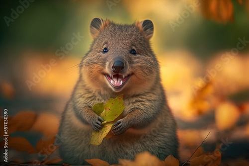 The cheerful quokka is grinning while grasping the leaves. Generative AI photo