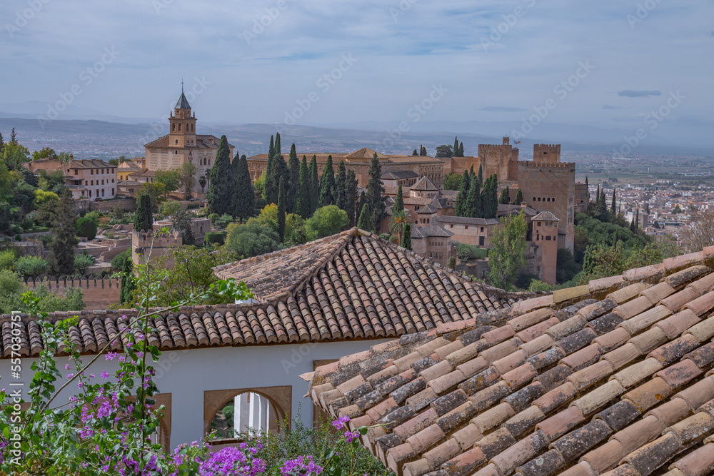Amazing panorama of Granada city and Alhambra's Alcazaba fortress. Scenic view from Generalife gardens on a sunny day with blue sky above. Granada, Andalusia, Spain.                                   