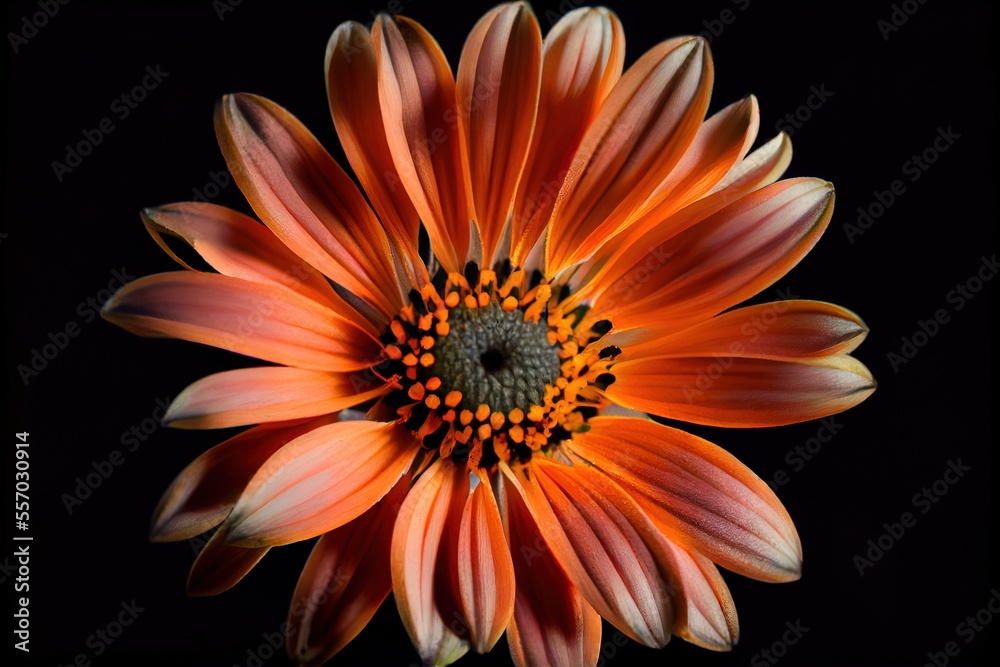 Photorealistic macro shot of a orange flower black. AI generated art illustration.