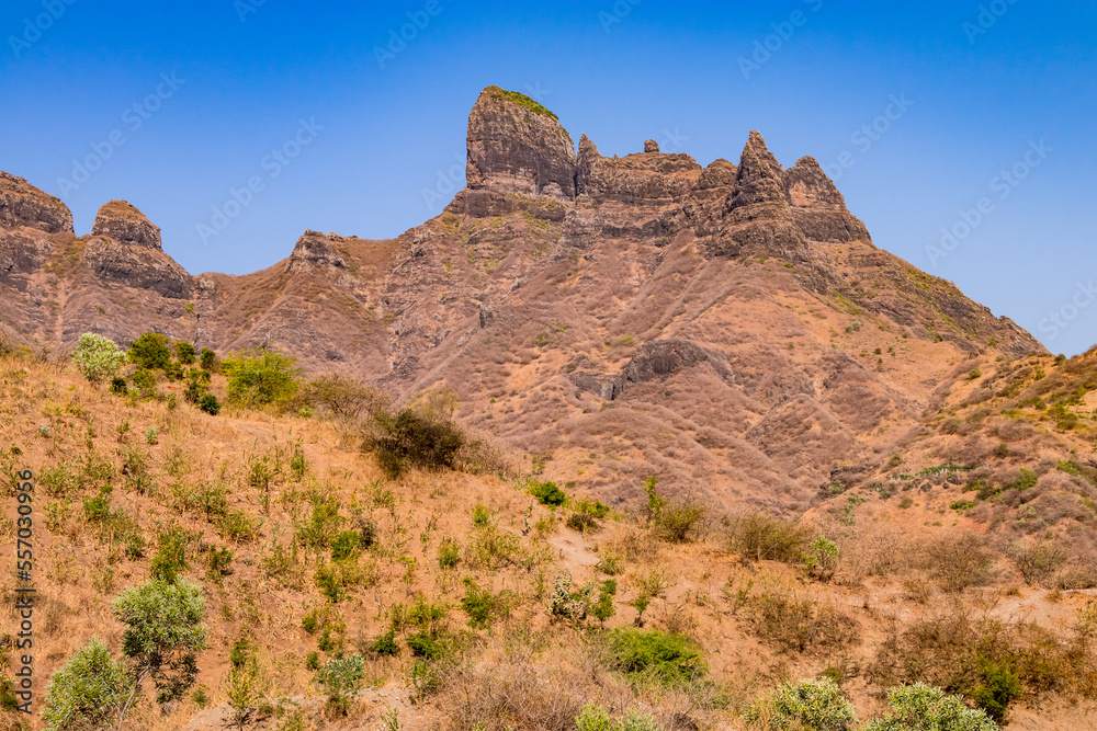 A picturesque mountain landscape in the sunshine in the center of the island of Santiago, Cape Verde
