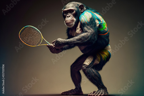The chimpanzee is using a racquet to play badminton. Generative AI © 2rogan