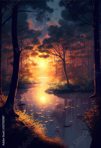 Beautiful Anime Sunset Scenery Forest. AI generated art illustration.