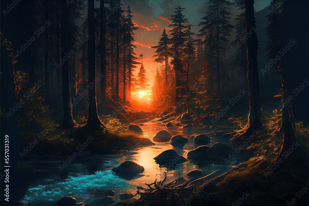 Obraz premium Beautiful Anime Sunset Scenery Forest. AI generated art illustration.