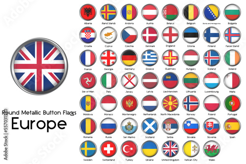 European continent country flags with round metallic button. Vector illustration.