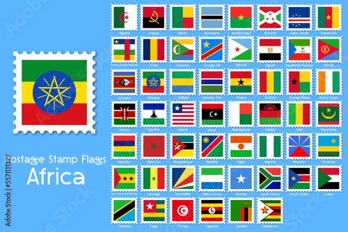 African Continent Country Flags Postage Stamps with drop shadow.  Vector illustration set.