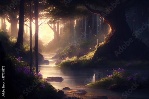 Beautiful Anime Sunset Scenery Forest. AI generated art illustration.