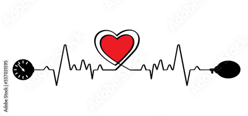 Cartoon blood pressure monitor, Medical tonometer. Pressure blood high or low, medical device. Measure the patient's blood pressure. Control healthcare concept. Heart check. ECG heartbeat line pulse.