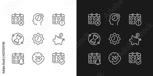 Time and date pixel perfect linear icons set for dark, light mode. Calendar management. Save money. Sandglass. Thin line symbols for night, day theme. Isolated illustrations. Editable stroke