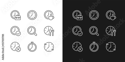 Timekeeping in daily life pixel perfect linear icons set for dark, light mode. Manage time at workplace. Clock device. Thin line symbols for night, day theme. Isolated illustrations. Editable stroke