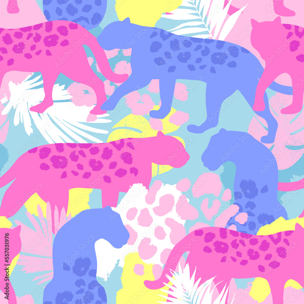 Obraz premium Seamless pattern with leopards, palm leaves, animal print. Creative texture for fabric, wrapping, textile, wallpaper, apparel. Vector illustration background
