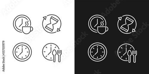 Managing time efficiently pixel perfect linear icons set for dark, light mode. Rotating sandglass. Break period. Clock. Thin line symbols for night, day theme. Isolated illustrations. Editable stroke