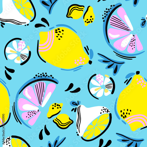 Fashion tropics funny wallpapers. Seamless pattern with fruits. Bright summer illustration. 