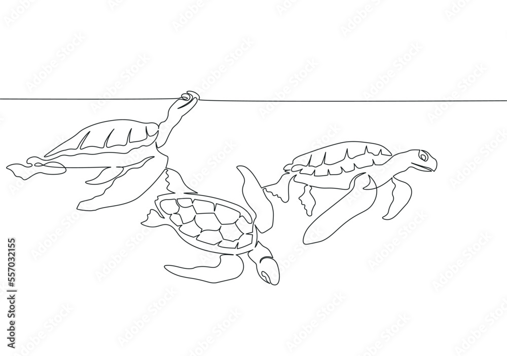 Three sea turtles under ocean surface made in the one continuous line art technique. Minimalistic black and white image. Three sea turtles under ocean surface made in the one continuous line art technique. Minimalistic black and white image.
