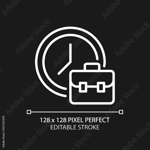 Working hours pixel perfect white linear icon for dark theme. Employment duration. Full-time employee. Thin line illustration. Isolated symbol for night mode. Editable stroke. Arial font used