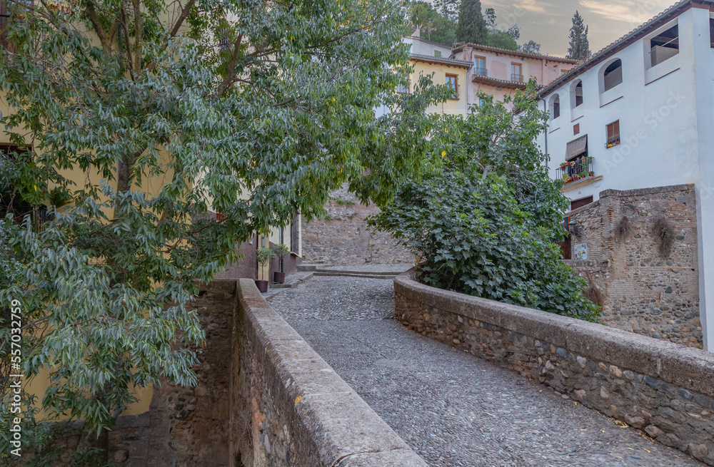 Granada, Spain, 21st of October, 2022. On the way to the Alhambra  Palace. Carrera Del Darro street with small souvenir shops and walking tourists. Narrow cobbled street of Granada in sunshine.       