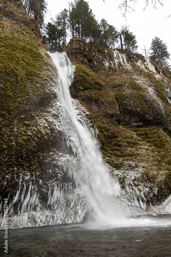 View at Horsetail Falls in Columbia River Gorge after winter snowfall.