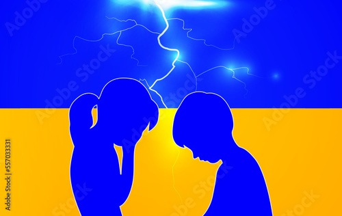 Silhouettes of two crying sad children on the background of the Ukrainian flag. Concept vector illustration against war
