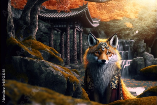 Fototapeta kitsune, fox werewolf, mythical creature, japanese mythology, illustration